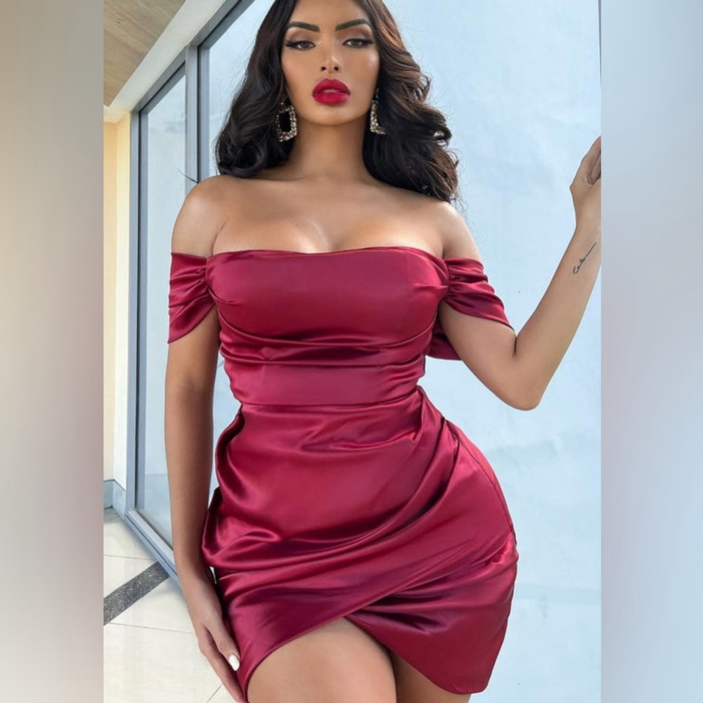 B14-NEW Fashion Nova Born A Bombshell Satin Mini Dress - Burgundy